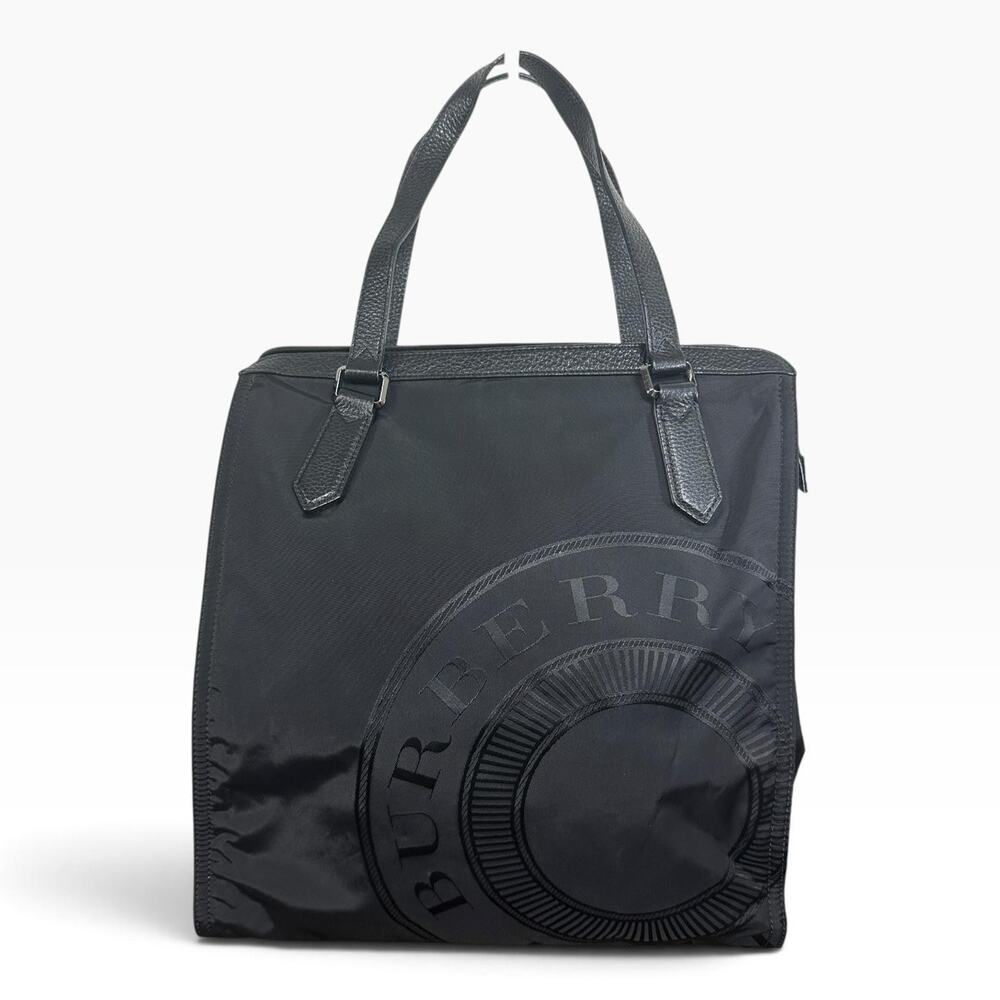 Burberry Tote Bag Womens Large Black Nylon Leather Logo Shoulder Zip Top Handle